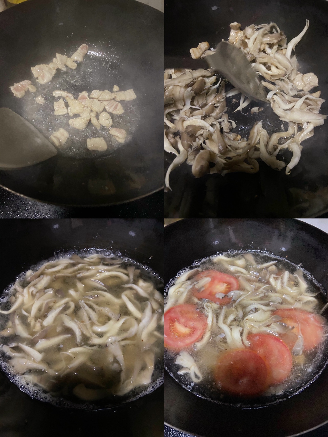家常版鸡汁平菇肉丝番茄汤面