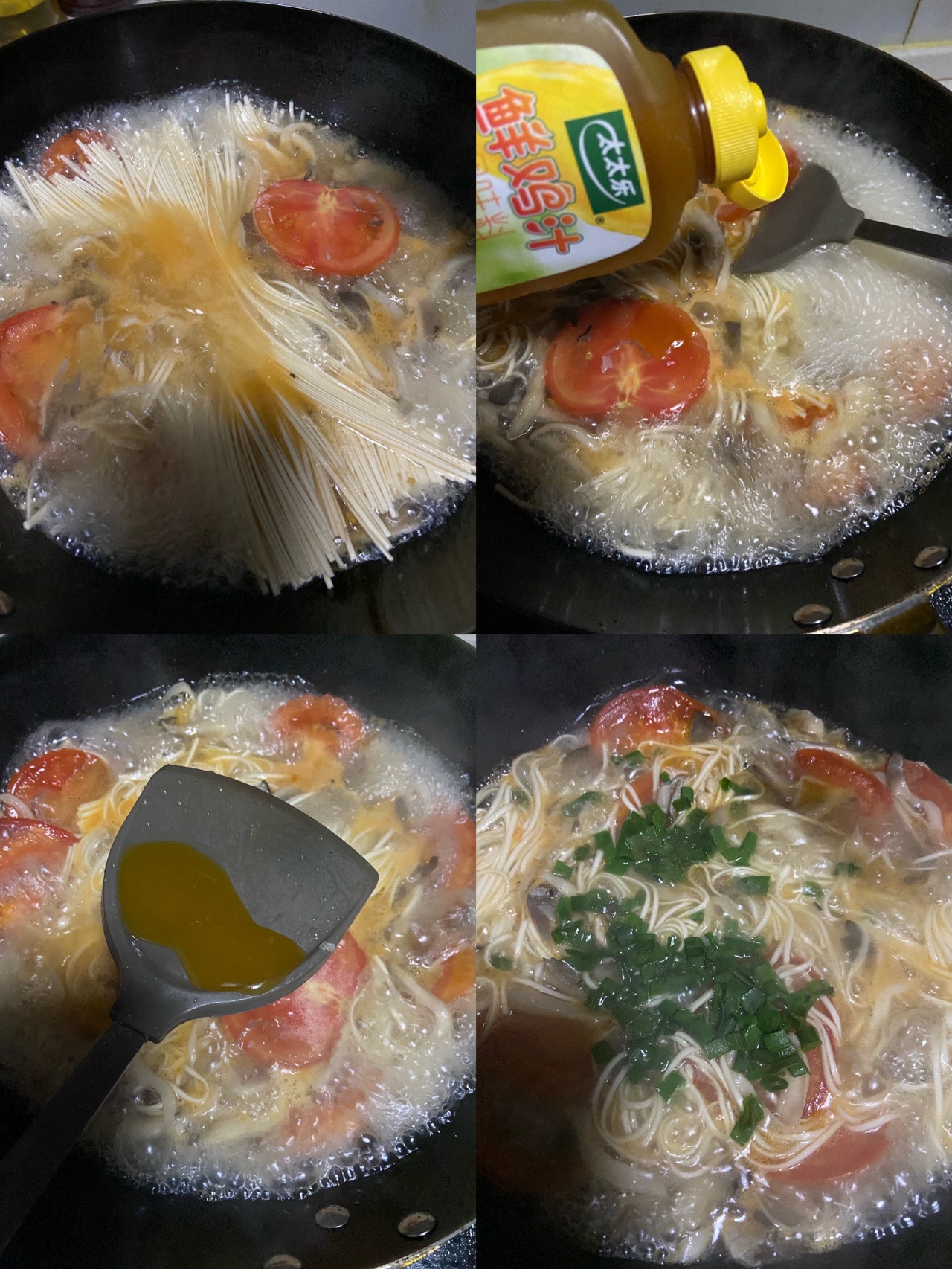 家常版鸡汁平菇肉丝番茄汤面