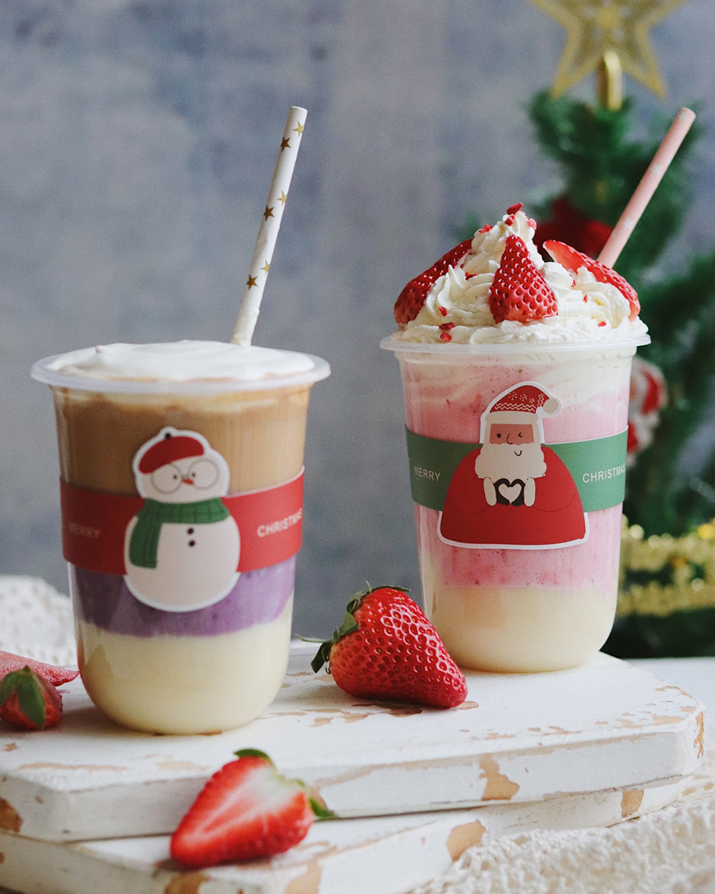 圣诞风~芋泥麻薯奶茶/草莓麻薯杯